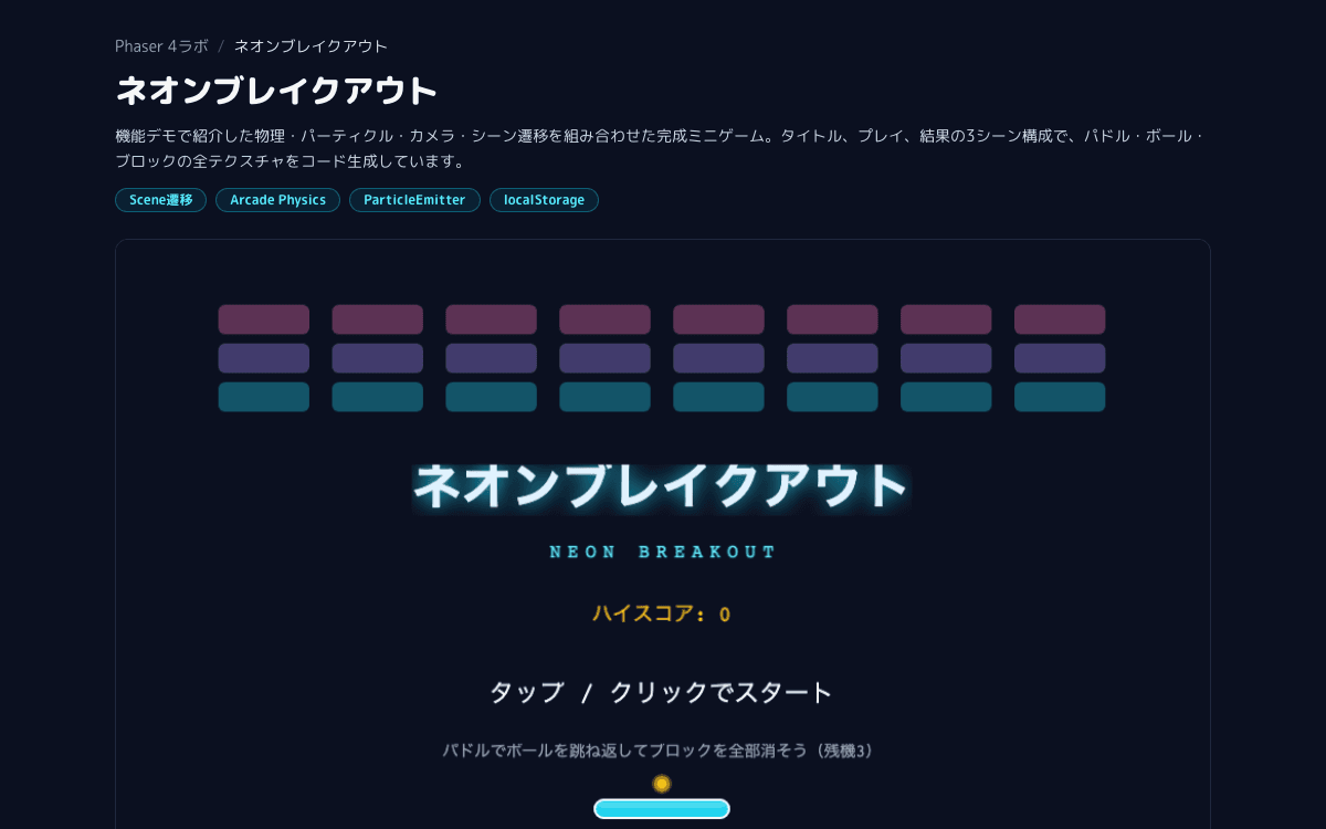Phaser 4ラボ(ゲームエンジンを部品で触る実験台) スクリーンショット 2
